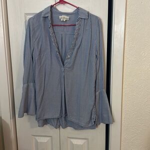 L.O.G.G. Label Of Graded Goods Womens Stripe Bell Sleeve Blouse Navy White Sz 10